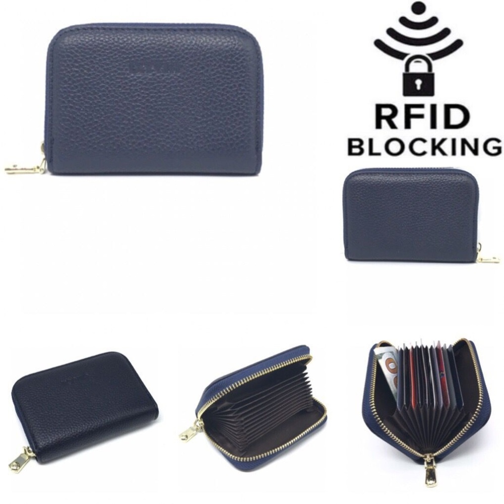 RFID Blocking Leather Zip Around Wallet -Dark Blue